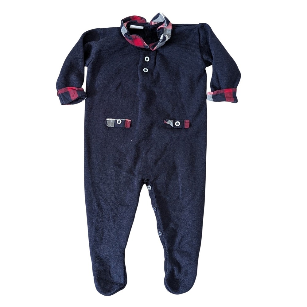 Paz Rodriguez Navy Blue Knit Footie Romper Plaid Trim Made in Spain 6M